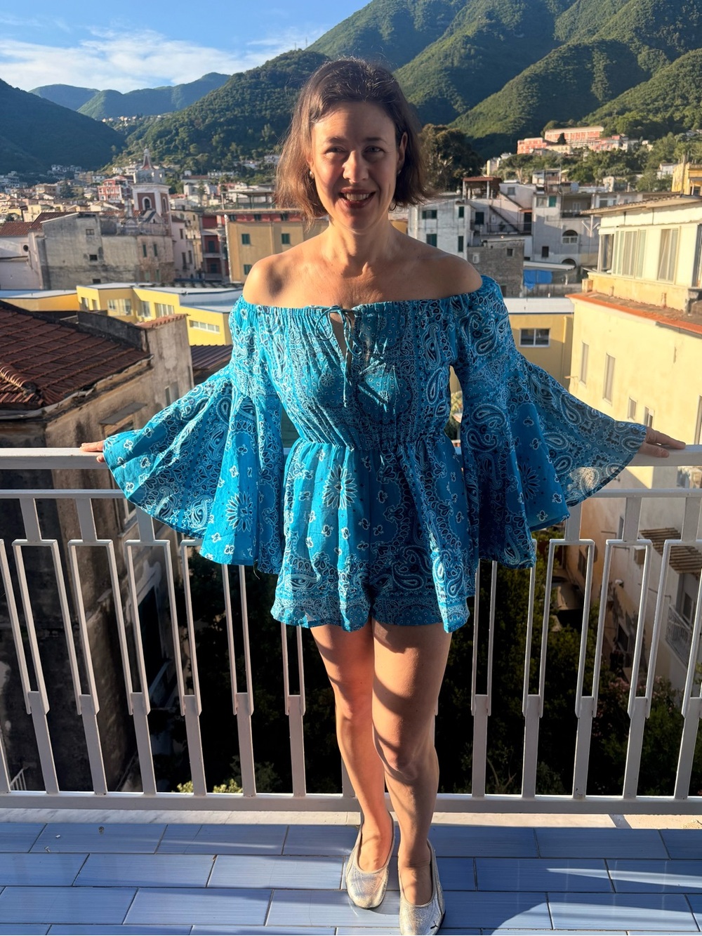Positano, Antica Sartoria Blue Off-Shoulder playsuit